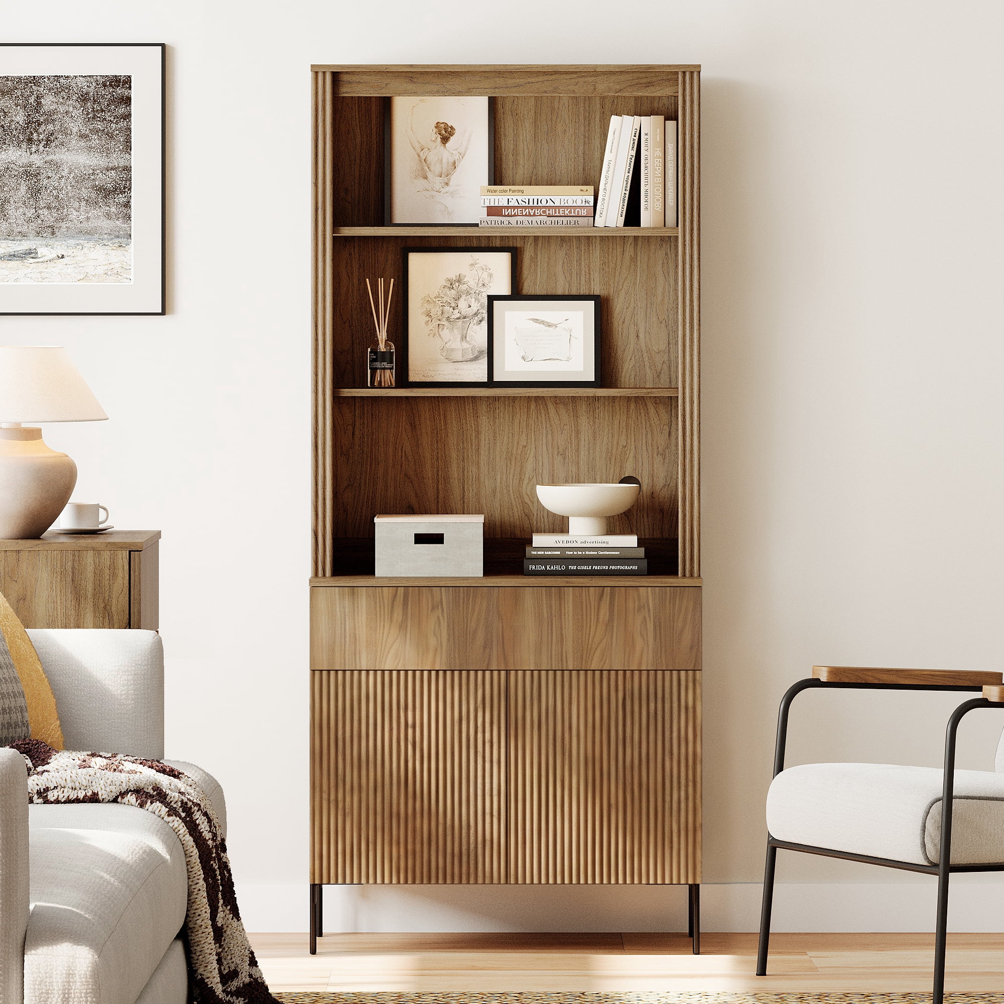 71.6" Tall Modern 5 Tier Bookcase with Storage Cabinet, Wooden Display Cabinet with Fluted Doors and Drawer, Versatile Bookshelf for Living Room, Study, Office