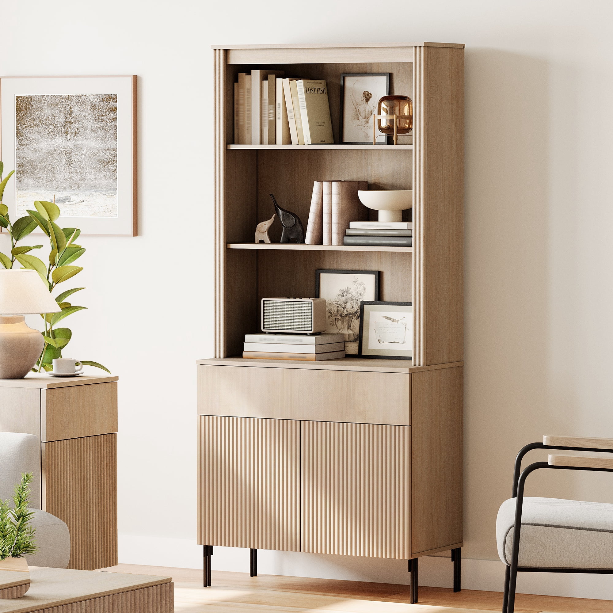 71.6" Tall Modern 5 Tier Bookcase with Storage Cabinet, Wooden Display Cabinet with Fluted Doors and Drawer, Versatile Bookshelf for Living Room, Study, Office