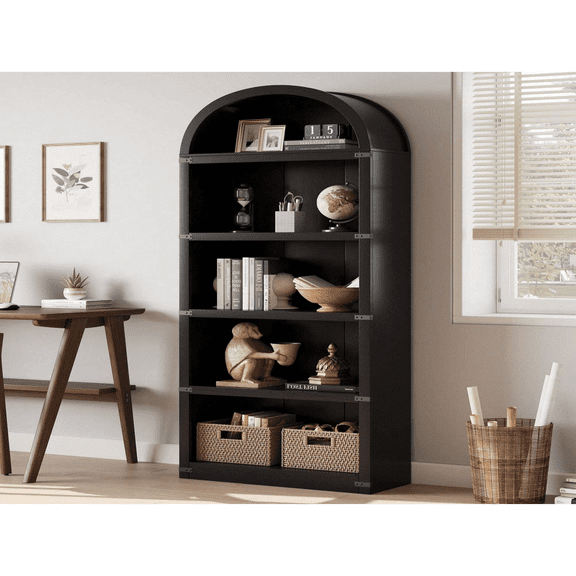 71.65 Tall Arched Bookshelf,3 Tier Bookcase with 2 Doors,Wooden Display Cabinet for Home Office,Living Room