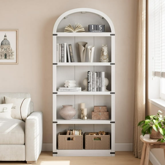 71.65 in Tall 5-Shelf Arched Bookcase | Farmhouse Wooden Bookshelf for Home Office, Living Room (Display & Storage)