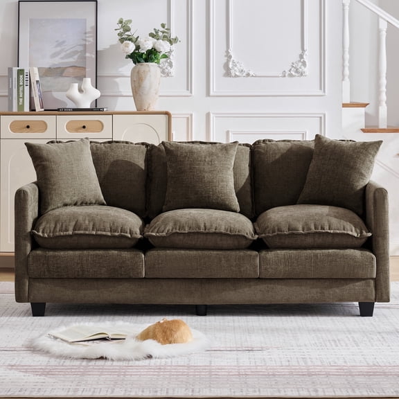71.7" Cloud Sofa, Modern 3-Seater Couch with Deep Seat, Soft Chenille Upholstery & 3 Throw Pillows