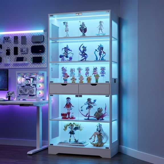 71.7 Glass Display Cabinet with Smart Human Sensor & RGB LED Lights, 5-Tier Curio Cabinet with 2 Drawers, Modern Glass Display Case for Collectibles, Figures, Trophies, White