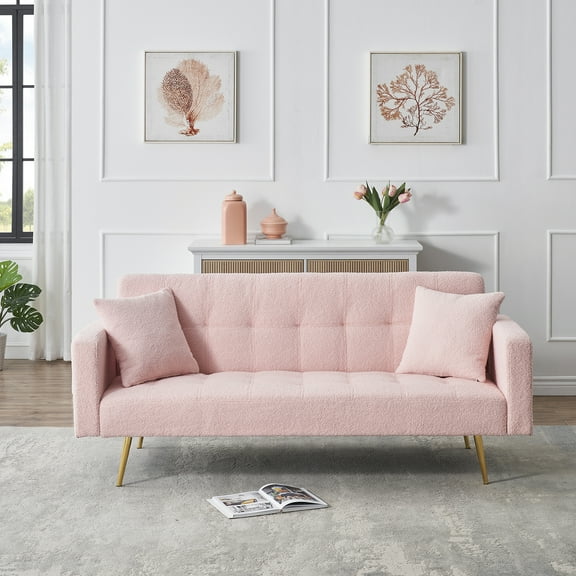 71.7-Inch Pink Sofa Bed with Teddy Fleece Upholstery, Convertible Sleeper Couch with Two Plush Throw Pillows, Cozy Modern Design for Living Room or Guest Space