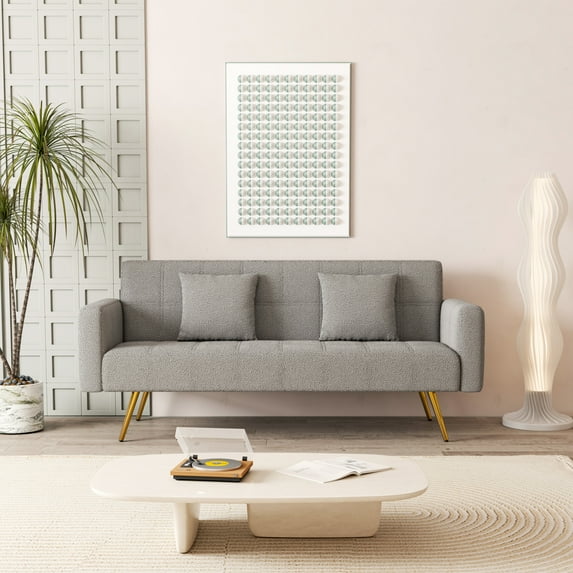 71.7 Inch Sofa Bed, 3-Seater Teddy Sofa with 2 Pillows, Upholstered Love Seats with Adjustable Backrest, Modern Armchair Sofa with Gold Leg for Living Room, Bedroom, Apartment, Grey