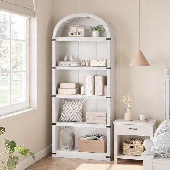 71.7" Tall Arched Bookshelf, 5-Tier Arched Cabinet, Modern Farmhouse Bookcase with Open Display Storage Shelf for Home Office Living Room