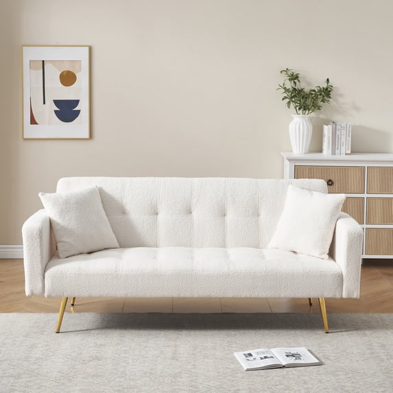 71.7"Teddy Fleece Sofa Bed, Convertible Sleeper Sofa with Adjustable Backrest and 2 Pillows, Modern Sleeper for Living Room, Bedroom,office, Beige