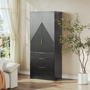 UGTOO 71.7" Wood Armoire with 2 Doors & 3 Drawers, Freestanding Wardrobe with Hanging Rod & Shelves, Black Storage Cabinet for Bedroom Closet