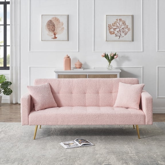 Modern Pink Teddy Fleece Sofa Bed 71.7-inch with 2 Complimentary Pillows