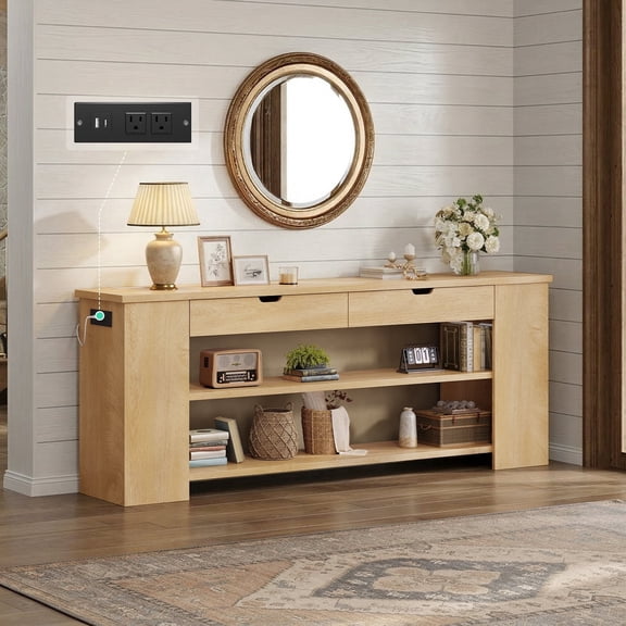 71.8 Inch Extra Long Console Table with Drawers, Farmhouse Long Console Table with Shelves & Built-in Outlets, Entryway Table with Storage for Living Room, Entryway, Natural