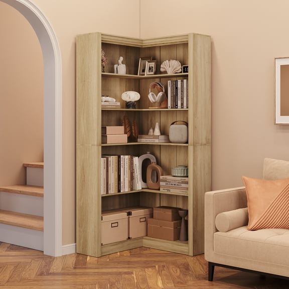 71.8'' Tall Corner Bookshelf, 5 Tier L-Shaped Bookshelf, Farmhouse Bookcases with Storage for Living Room Home Office