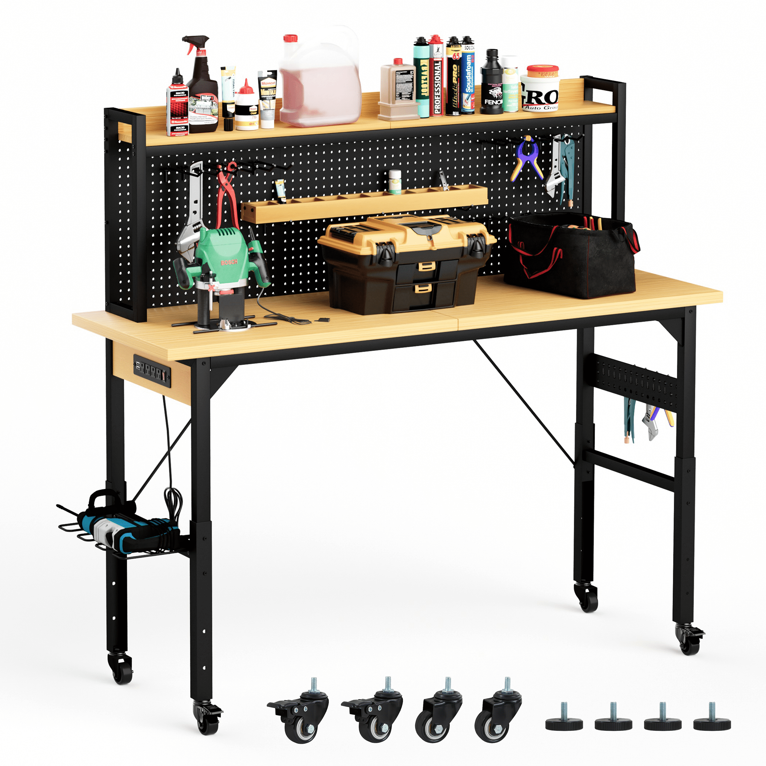 71" Adjustable Workbench with Pegboard, Heavy Duty Wooden Desktop Workbench with Wheels, 1600 lb. Load Capacity, Rolling Workbench with AC/USB Outlet,Hooks,Shelf for Garage,Workshop,Office,Home