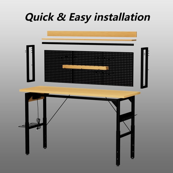 71''Adjustable Workbench with pegboard, Heavy Duty Wooden Desktop Workbench with Wheels, 1600 lb. Load Capacity, Rolling Workbench with AC/USB Outlet, Hooks, Shelf, for Garage, Workshop, Office, Home