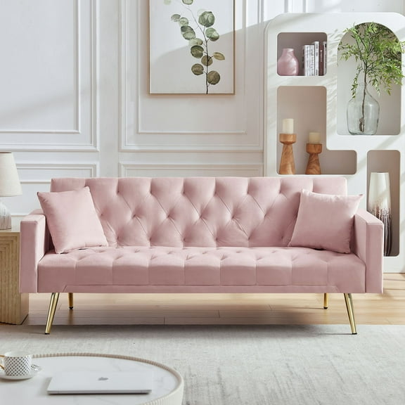 71'' American Retro Pink Velvet Convertible Love Seat Sofa - Space-Saving for Small Living Room Bedroom Office