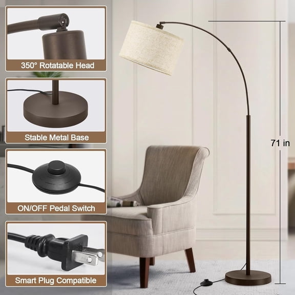 71" Arc Floor Lamp for Living Room, Vintage Floor Lamp with Adjustable Lamp Head, Tall Pole Lamp with Foot Pedal Switch, Over Couch Arched Reading Light for Bedroom, Office, Study Room