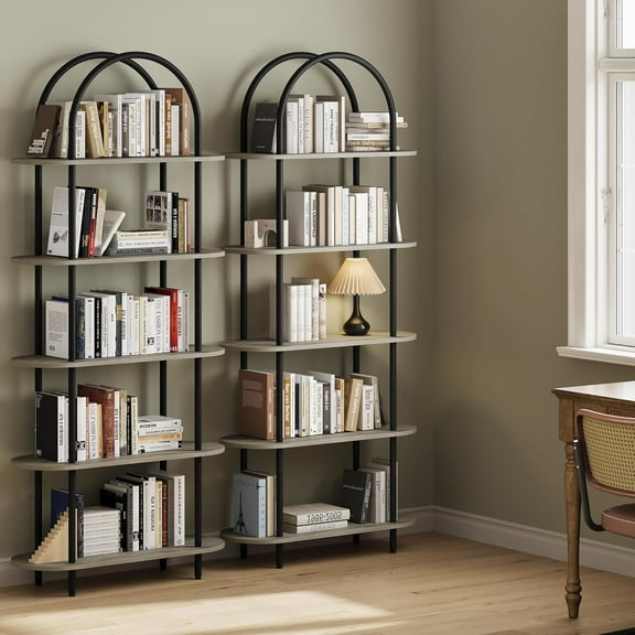 71" Arched Bookshelf 2PCs 5 Tier Bookcase Open Bookshelf Plant Stand with Metal Frame Freestanding Display Rack Tall Shelving for Bedroom Living Room Home Office Bathroom Gray