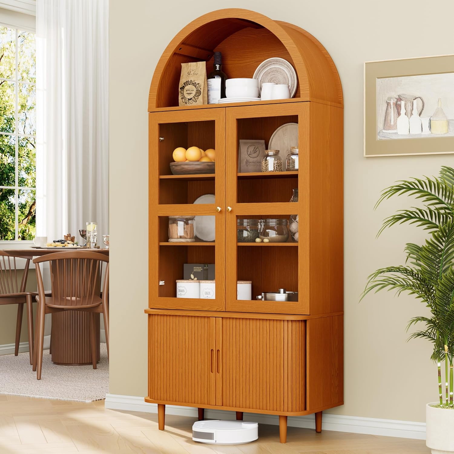 71" Arched Cabinet with Glass Doors, Fluted Tall Pantry with Sliding Doors＆ Adjustable Shelves, Modern Accent Cabinet for Living Room, Kitchen, Dining Room, Yellow Walnut