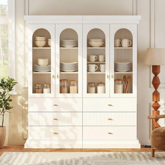 71" Arched Kitchen Cabinet, Double Glass Door Display and Storage Cabinets with Drawers, Modern Pantry for Dining Room or Living Room, White with Gold Handles, 2 of Set