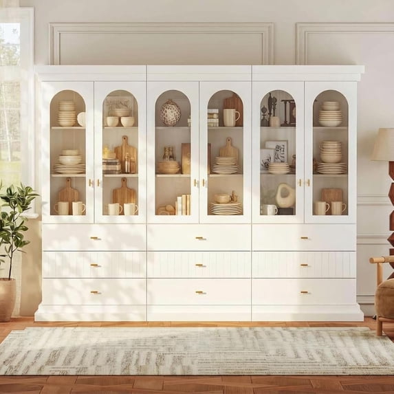 71" Arched Kitchen Cabinet, Glass Door Display and Tall Storage Cabinets with Drawers, Modern Pantry for Dining Room or Living Room, White with Gold Handles, 3 of Set