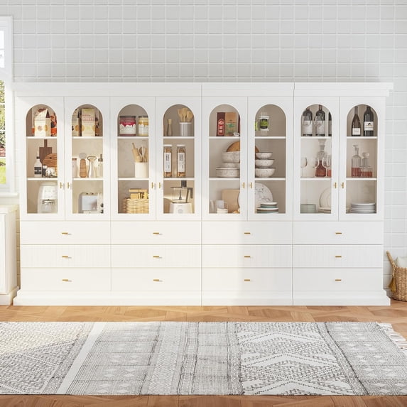 71" Arched Kitchen Cabinet, Glass Door Display and Tall Storage Cabinets with Drawers, Modern Pantry for Dining Room or Living Room, White with Gold Handles, 4 of Set