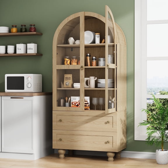 NEGYLIM 71'' Arched Kitchen Pantry Cabinet & Display Cabinet with Glass Doors, 4 Shelves, 2 Drawers, Solid Wood Legs, Suitable for Kitchen, Bedroom and Living Room, Easy Storage