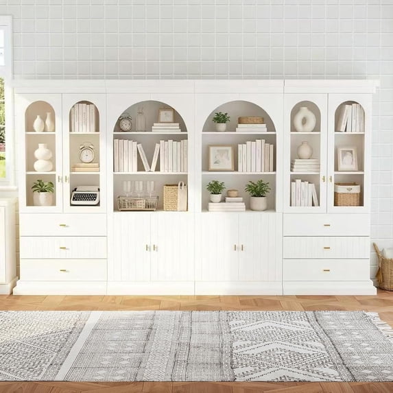 71" Arched Kitchen Pantry Cabinet, Tall Display Modern Storage Combination for Dining Room or Living Room with Dual Glass Door and Open Shelf Cabinets, White with Gold Handles,4 of Set