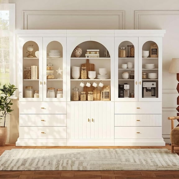 71" Arched Kitchen Pantry Cabinet, Tall Display Modern Storage Combination for Dining Room or Living Room with Dual Glass Door and Open Shelf Cabinets, White with Gold Handles, 3 of Set