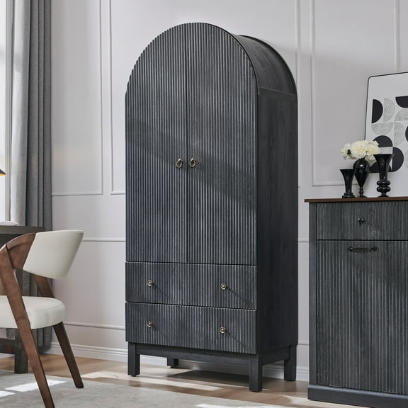 71" Arched Storage Bookcases, 4-Tier Arched Wooden Bookshelf with 2 Drawer and 2 Shelves, Storage Pantry Cabinet for Office, Living Room, Kitchen