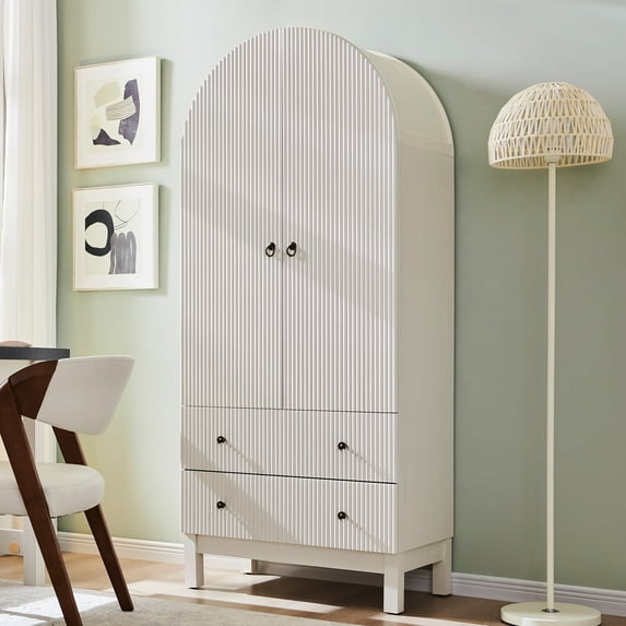 71" Arched Storage Bookcases, 4-Tier Arched Wooden Bookshelf with 2 Drawer and 2 Shelves, Storage Pantry Cabinet for Office, Living Room, Kitchen