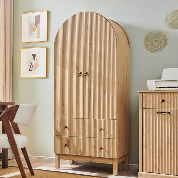 71" Arched Storage Bookcases, 4-Tier Arched Wooden Bookshelf with 2 Drawer and 2 Shelves, Storage Pantry Cabinet for Office, Living Room, Kitchen