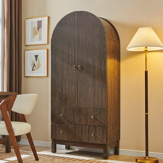 71" Arched Storage Bookcases, 4-Tier Arched Wooden Bookshelf with 2 Drawer and 2 Shelves, Storage Pantry Cabinet for Office, Living Room, Kitchen