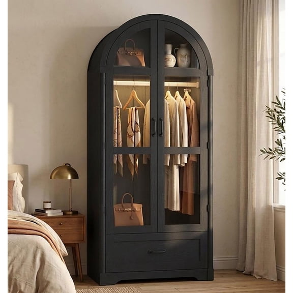 71" Arched Wardrobe Armoire with Sensor LED Lights, 2 Glass Doors Wardrobe Freestanding Closet with Hanging Rod and Large Drawer for Bedroom