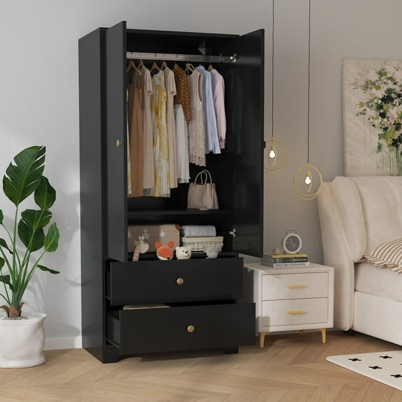 71'' Armoire Wardrobe Closet, 2 Doors Wooden Wardrobe Closet with 2 Drawers, Wardrobe Cabinet for Bedroom with Hanging Rod and Adjustable Shelf