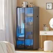 71  Armoire Wardrobe Closet with 3 Colors Light, Wooden Closet for Bedroom with Hanging Rod