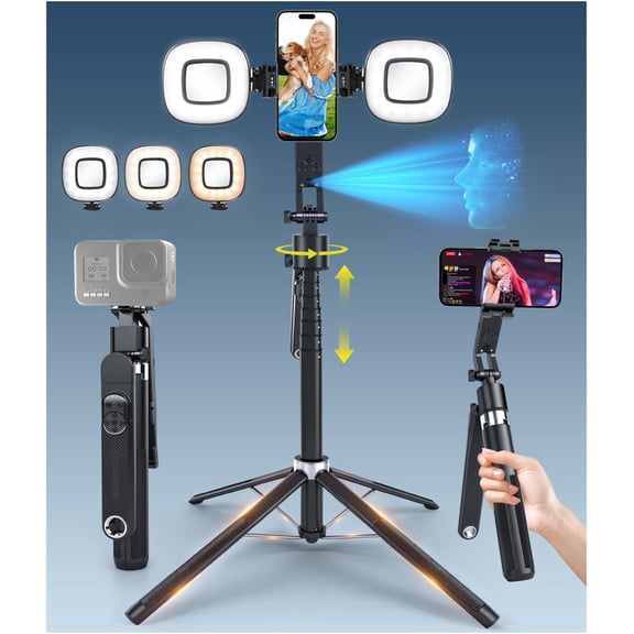 71'' Auto Face Tracking Tripod 360 Rotation with Stand | Selfie Stick w/Fill Lights, Remote & Gesture Control | for TikTok Vlog Content Creator, Phone Camera Tripod Following Your Movement