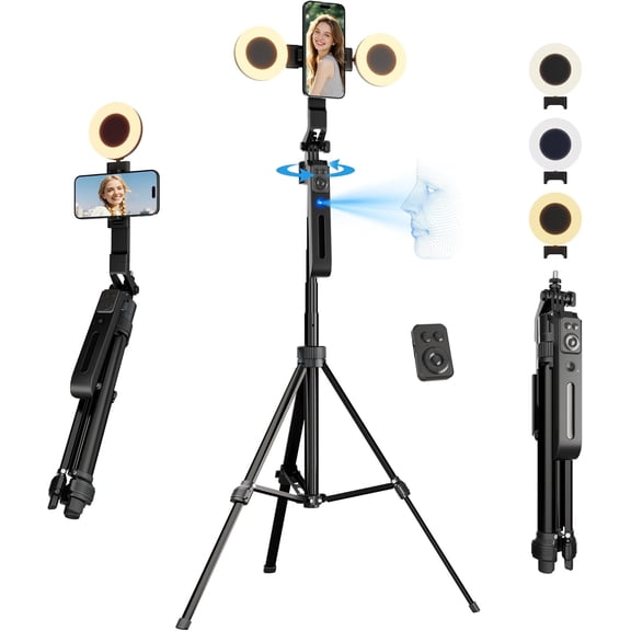 71" Auto Face Tracking Tripod for iPhone with Light, Vlogging Kit Gesture/Remote, 360 Rotation Phone Stand that Follows Your Movement YouTube Live Stream/Video Recording