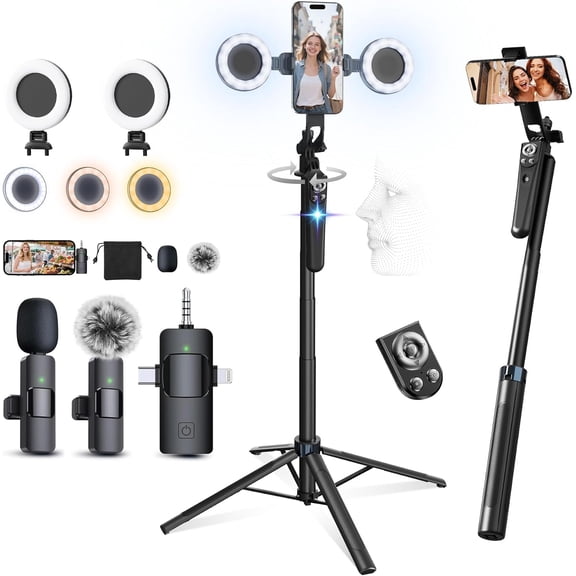 71Auto Face Tracking Tripod for iPhone with Light, Vlogging Kit with Microphones for iPhone/Android, Phone Camera Tripod Stand with Remote for TikTok, Content Creator Kit for YouTube Starter