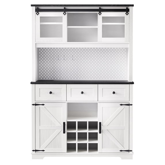 71" Bar Cabinet With Internal Storage Rack, Kitchen Hutch Storage Cabinet With Wine And Glasses Rack, Sliding Door, Power Outlet, Pegboard, Drawers, Farmhouse Coffee Bar