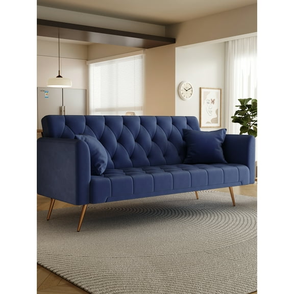 71" Blue Velvet Bed - Fits Small Living Environments Room, Bedroom, Office Adjustable Posture Settings, Solid Construction, Easy Assembly Instructions Convertible Bed, 71-inch, Multi-functional For