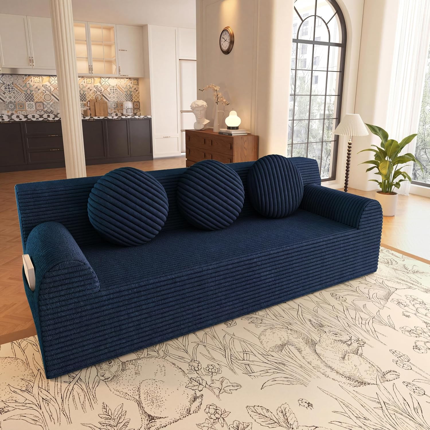 71'' Boneless Couch, Deep Seat Comfy Cloud Couches, Corduroy Floor Sofa | No Assembly Required, 3 Pillows, Side Pockets, Loveseat Sofa for Living Room, Small Space, Apartment, Rentals, Blue