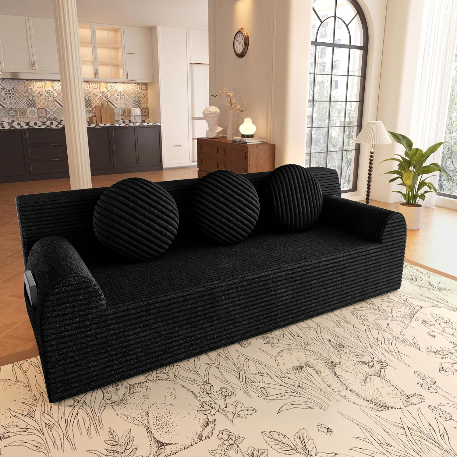 71'' Boneless Couch, Deep Seat Comfy Cloud Couches, Corduroy Floor Sofa | No Assembly Required, 3 Pillows, Side Pockets, Loveseat Sofa for Living Room, Small Space, Apartment, Rentals, Black