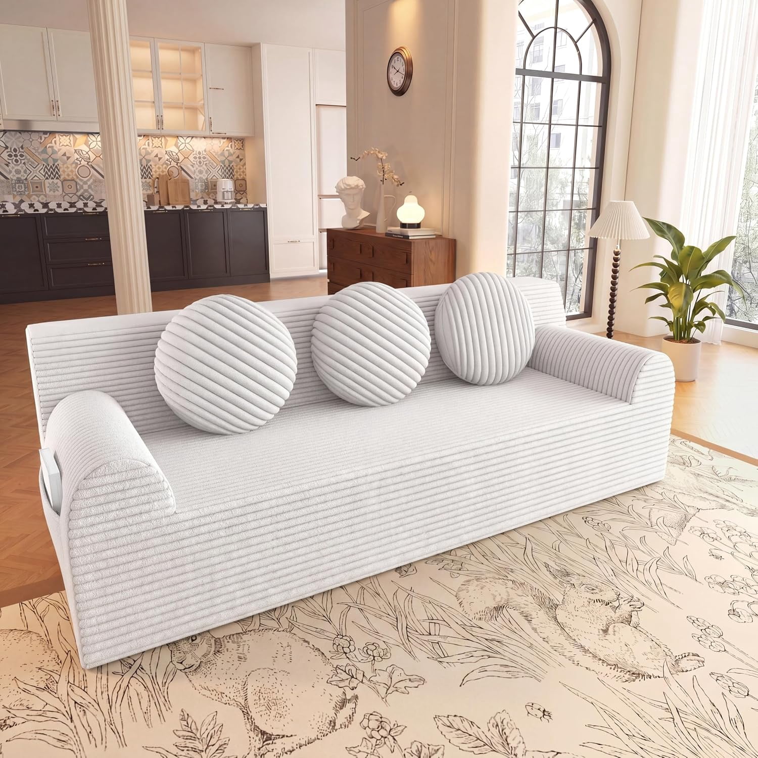 71'' Boneless Couch, Deep Seat Comfy Cloud Couches, Corduroy Floor Sofa | No Assembly Required, 3 Pillows, Side Pockets, Loveseat Sofa for Living Room, Small Space, Apartment, Rentals, Cream White