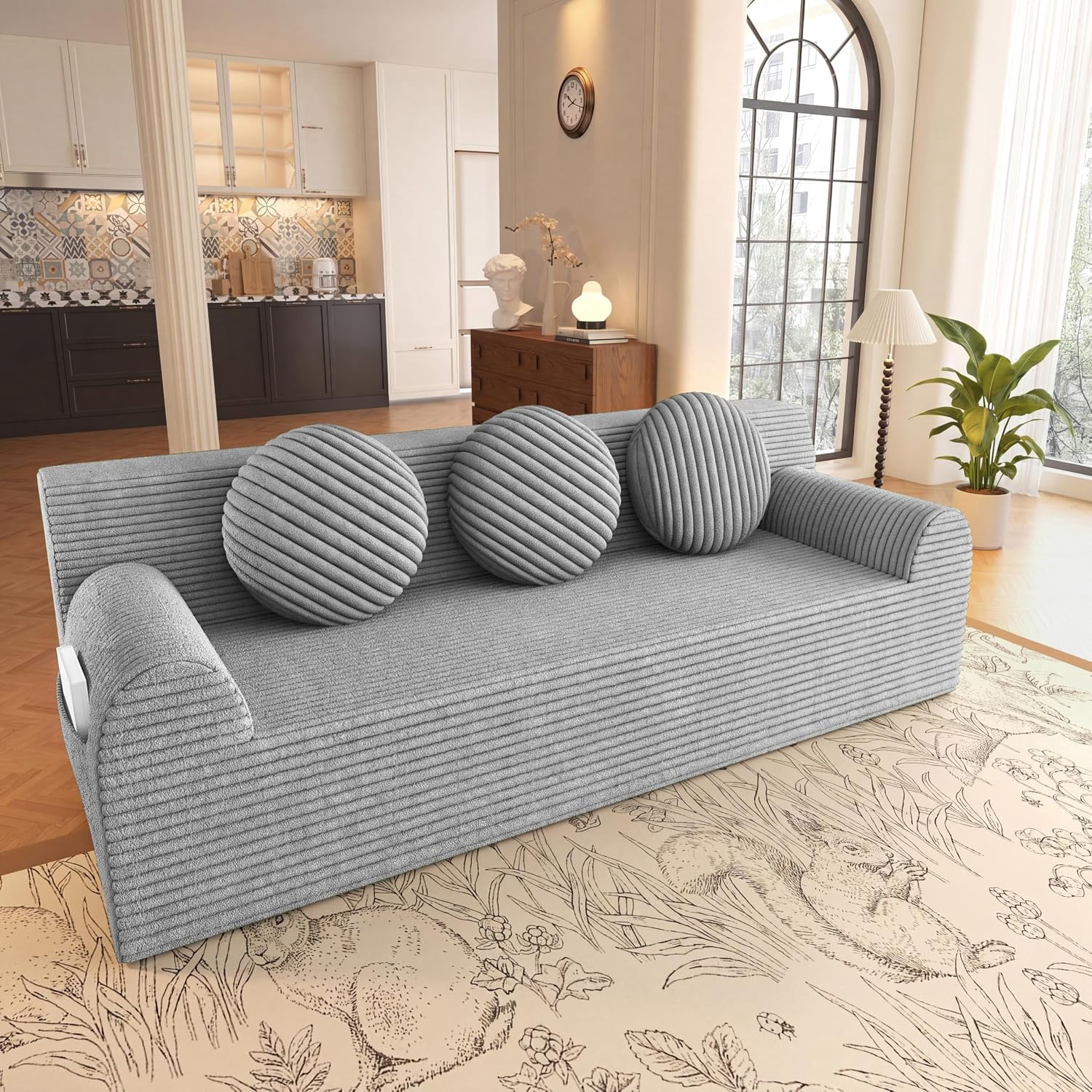 71'' Boneless Couch, Deep Seat Comfy Cloud Couches, Corduroy Floor Sofa | No Assembly Required, 3 Pillows, Side Pockets, Loveseat Sofa for Living Room, Small Space, Apartment, Rentals, Light Gray