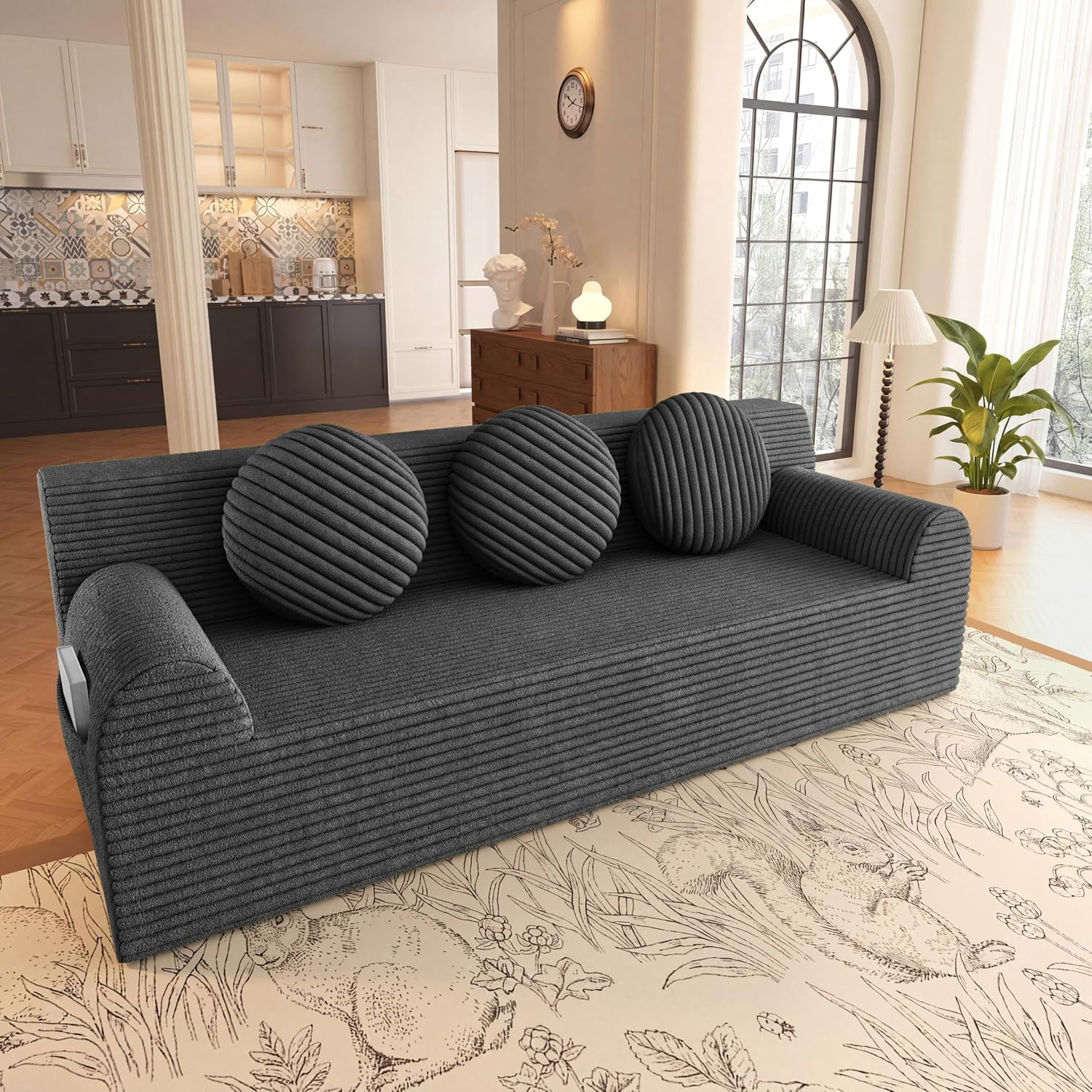 71'' Boneless Couch, Deep Seat Comfy Cloud Couches, Corduroy Floor Sofa | No Assembly Required, 3 Pillows, Side Pockets, Loveseat Sofa for Living Room, Small Space, Apartment, Rentals, Dark Gray