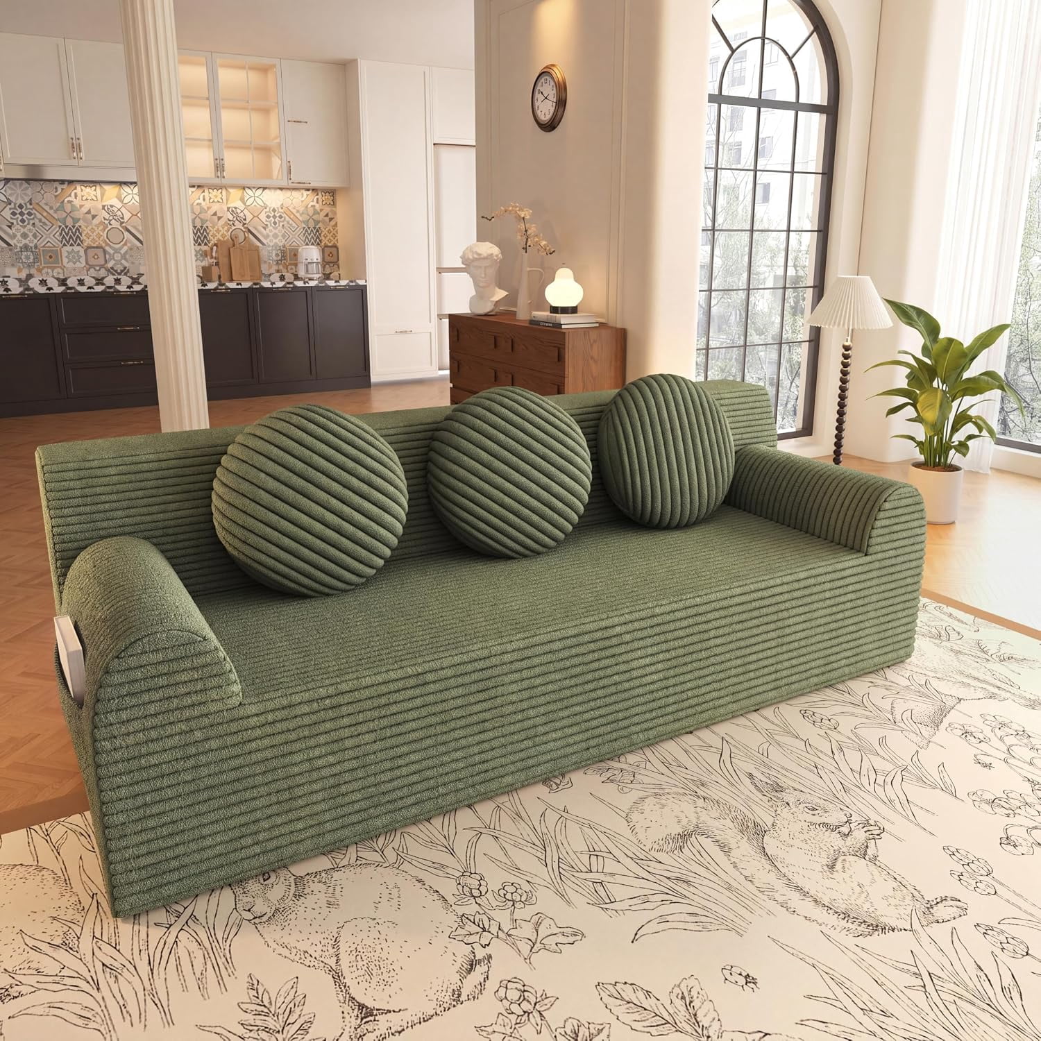 71'' Boneless Couch, Deep Seat Comfy Cloud Couches, Corduroy Floor Sofa | No Assembly Required, 3 Pillows, Side Pockets, Loveseat Sofa for Living Room, Small Space, Apartment, Rentals, Green