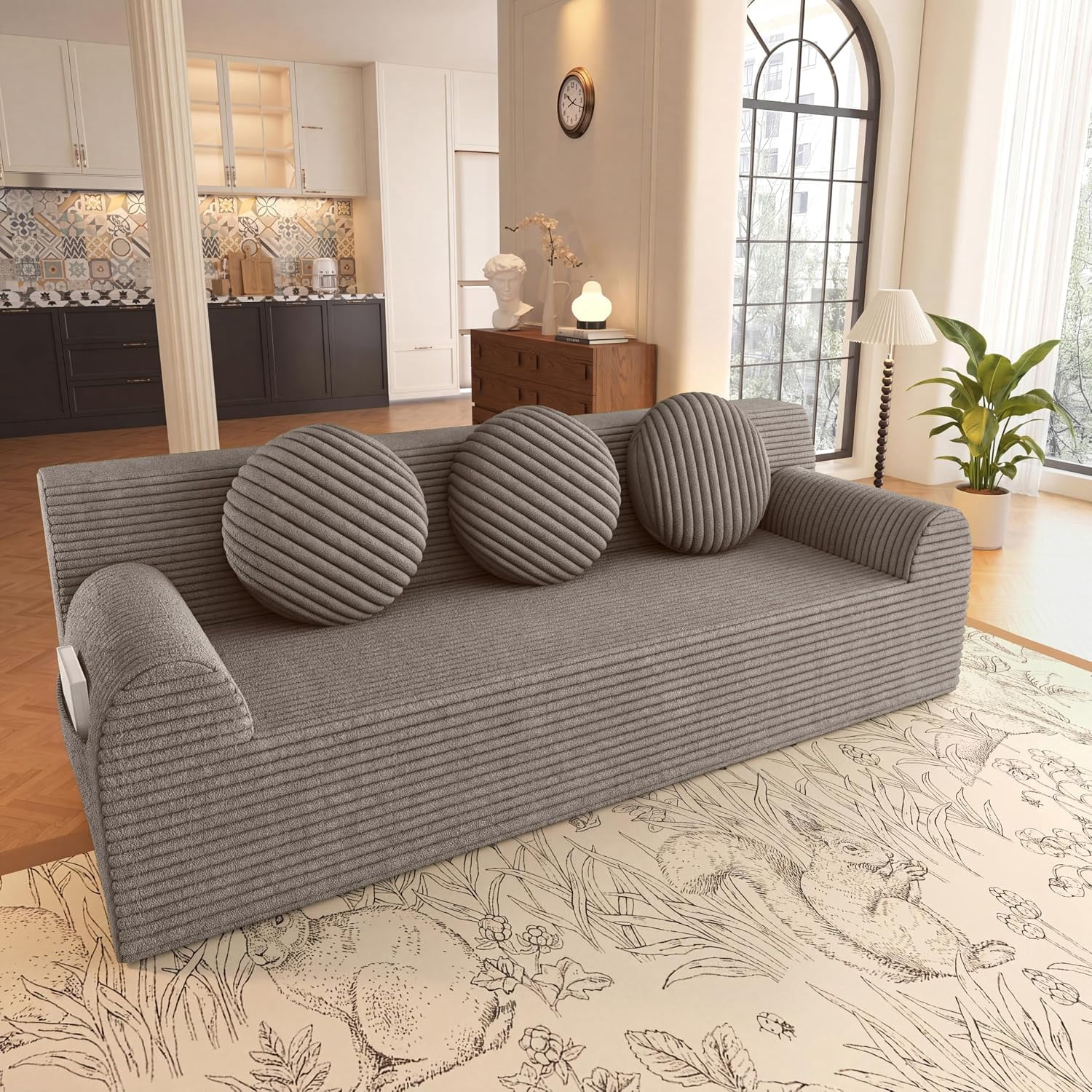 71'' Boneless Couch, Deep Seat Comfy Cloud Couches, Corduroy Floor Sofa | No Assembly Required, 3 Pillows, Side Pockets, Loveseat Sofa for Living Room, Small Space, Apartment, Rentals, Camel