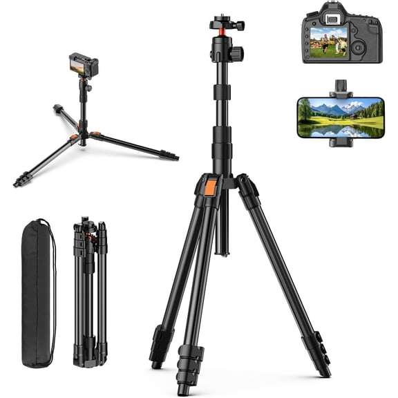 71" Camera Tripod, Tripod for Phone with 360Ball Head and Smartphone Holder, Aluminum DSLR Stand, Travel Phone/DSLR/SLR/Projector/Video Recording, Max Load 8kg/17.64lb