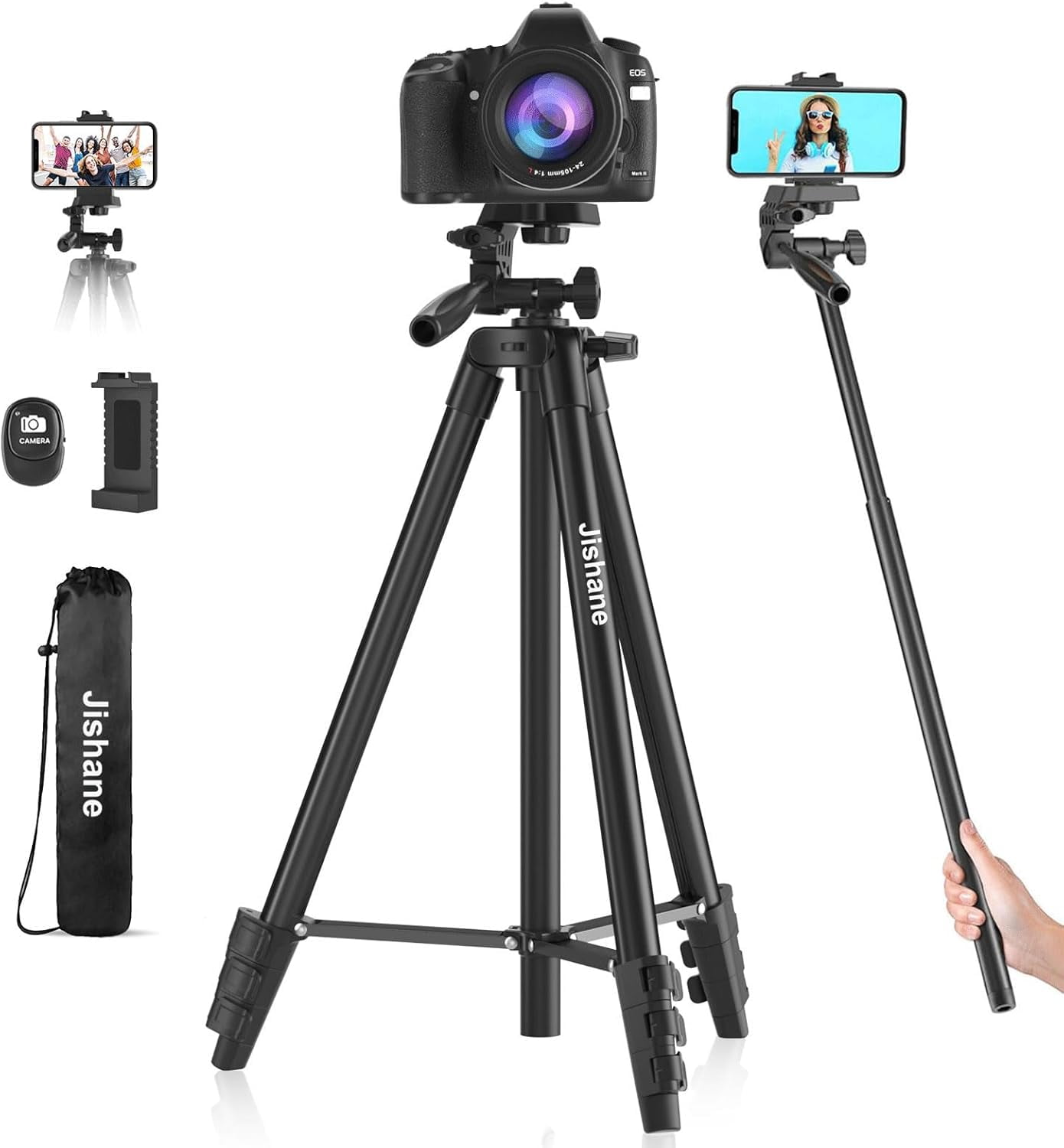 71" Camera Tripod, Versatile Cell Phone Tripod with Wireless Remote Holder and Carry Bag, Lightweight Portable Stand Compatible Smartphone Cameras, Max Load 6.6 lbs