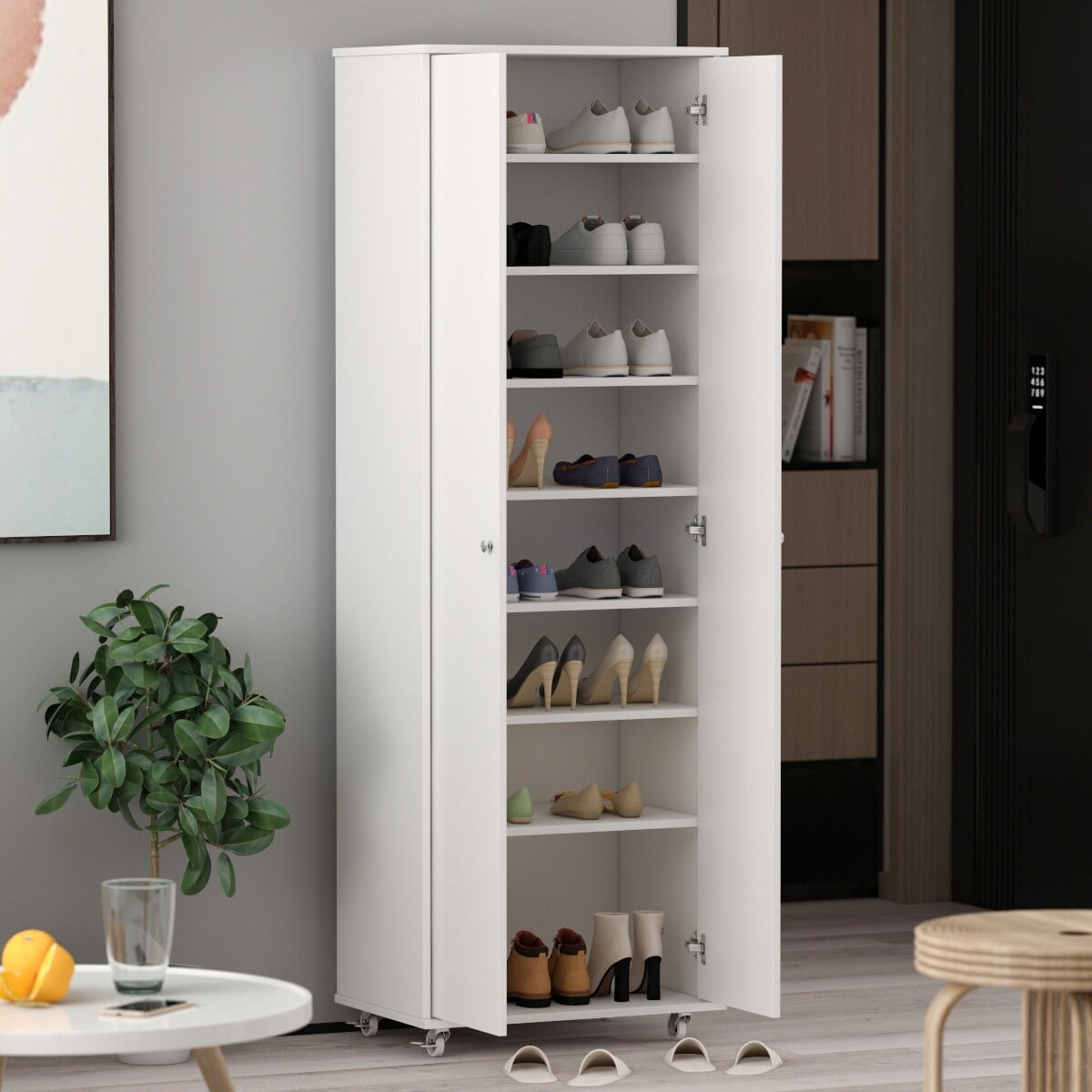White Tall Wood Closet Shoe Cabinet with Wheels, 8-Tier