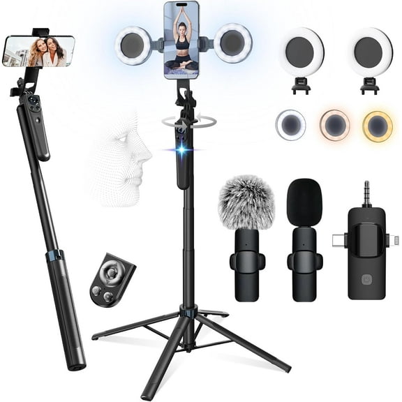 71" Content Creator Essentials Vlogging Kit - 2 Lights & 2 Mics, 360    Rotating Auto Face Tracking Tripod for iPhone/Android/Camera with Wireless Remote, No App for Vlog, Live, Video Record