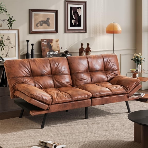 71" Convertible Futon Sofa Bed,3-in-1 Faux Leather Fabric Futon Couch with Memory Foam, Modern Foldable Sleeper Loveseat for Small Spaces, Living Room,Office & Apartment,Brown